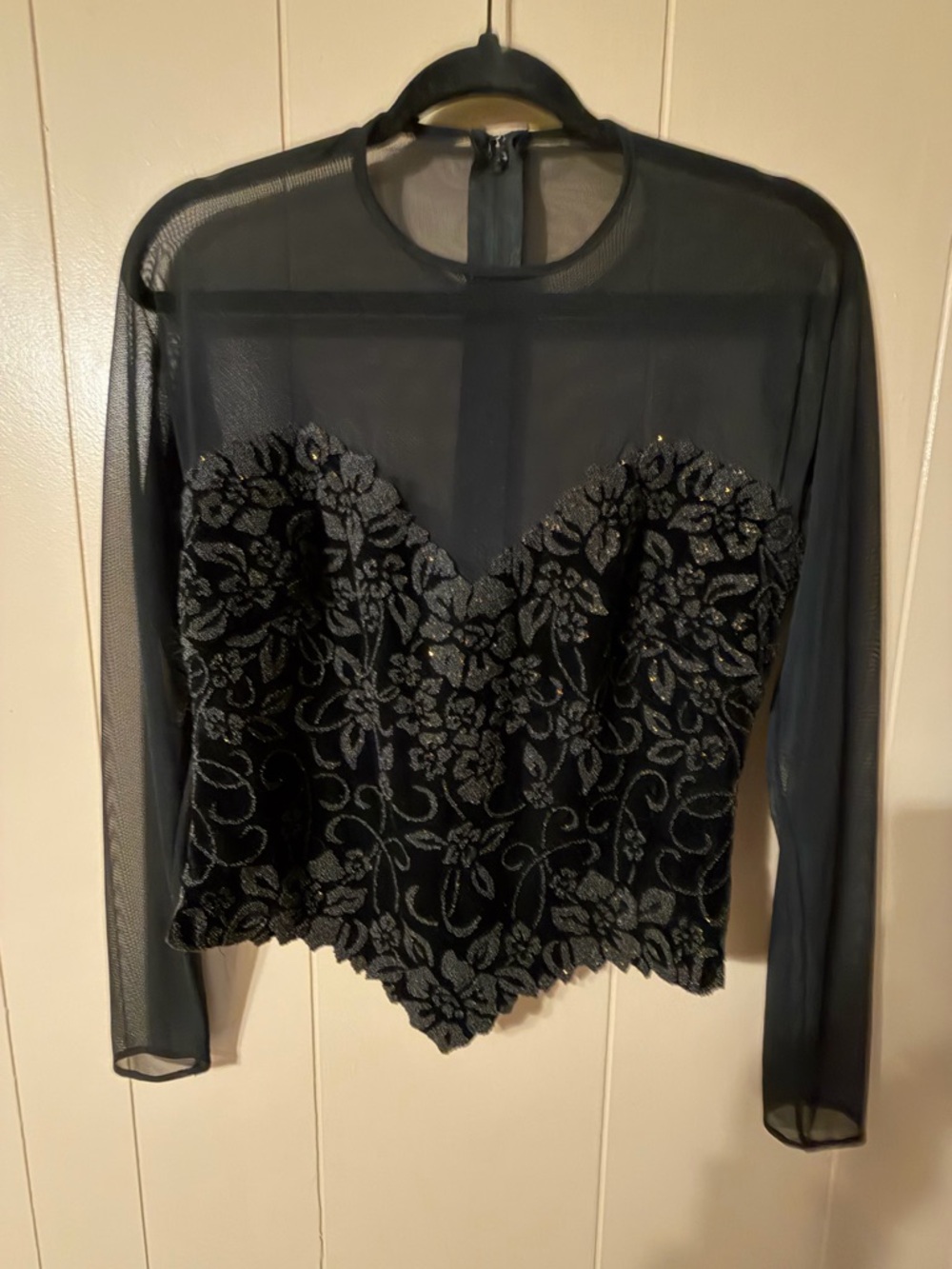 Tadashi Shoji Black Sheer Mesh Long-Sleeve Embroidered Bodice Top